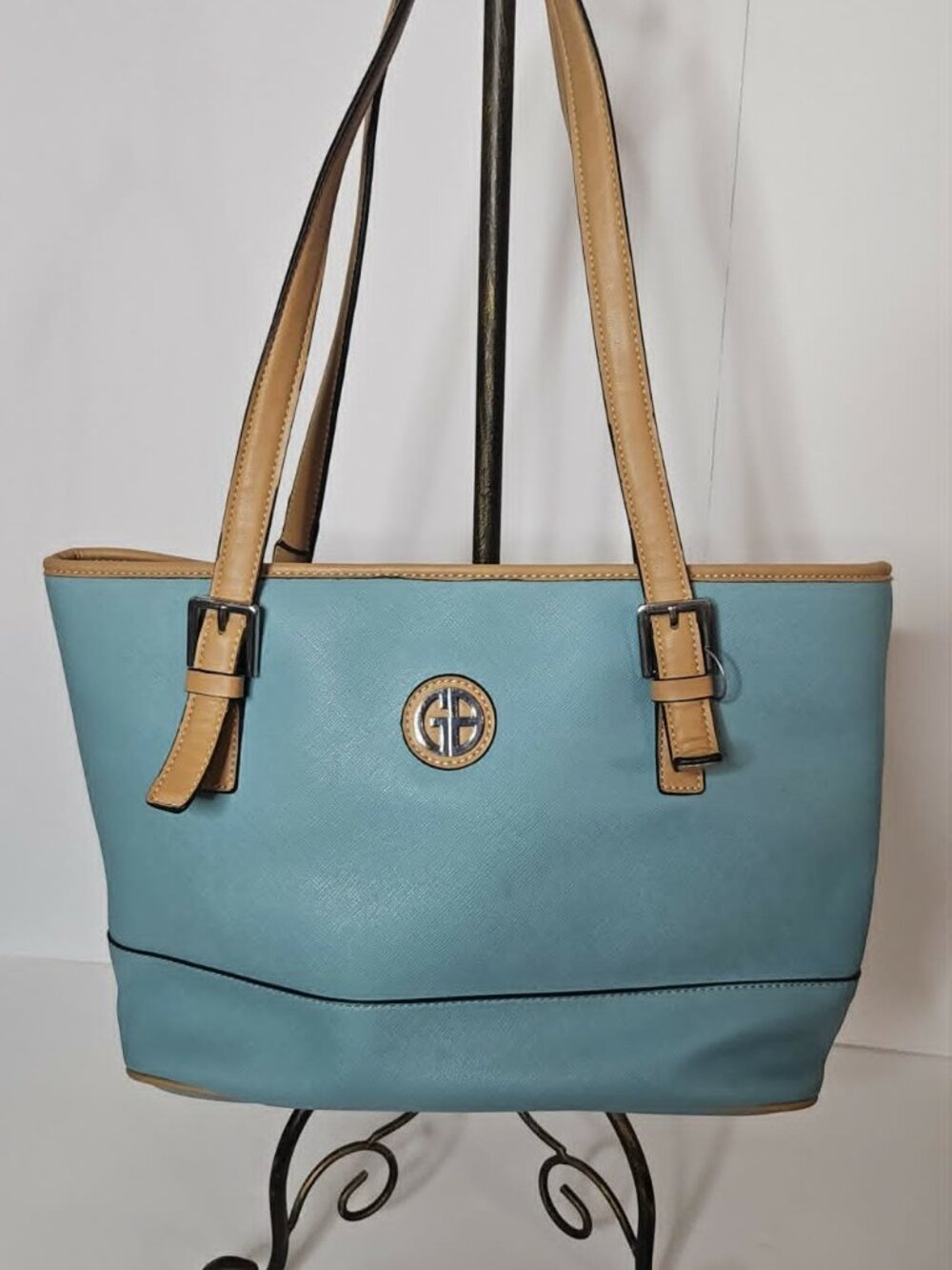 Giani Bernini faux Saffiano Tote Light Blue/Beige Trim (Flawed Interior) - Picture 2 of 10
